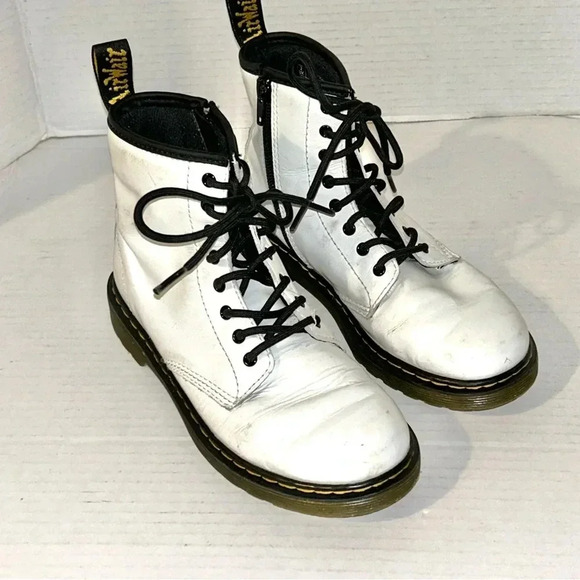 Dr Doc Martens Combat Boots Youth Size 3 White Leather Lace Up Side Zipper - Picture 1 of 13